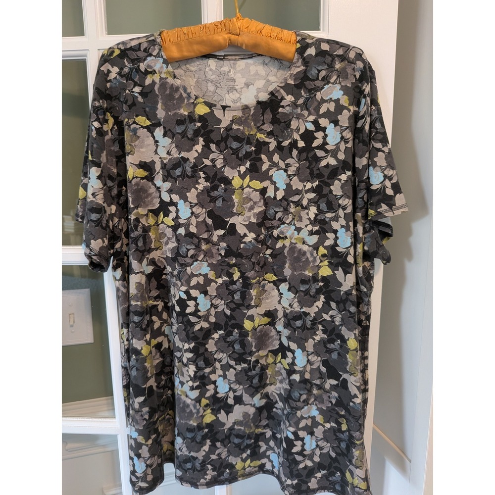 J Jill Fit Progress Shirttail Tee Floral Pima Cotton Grey Blue Plus 2X